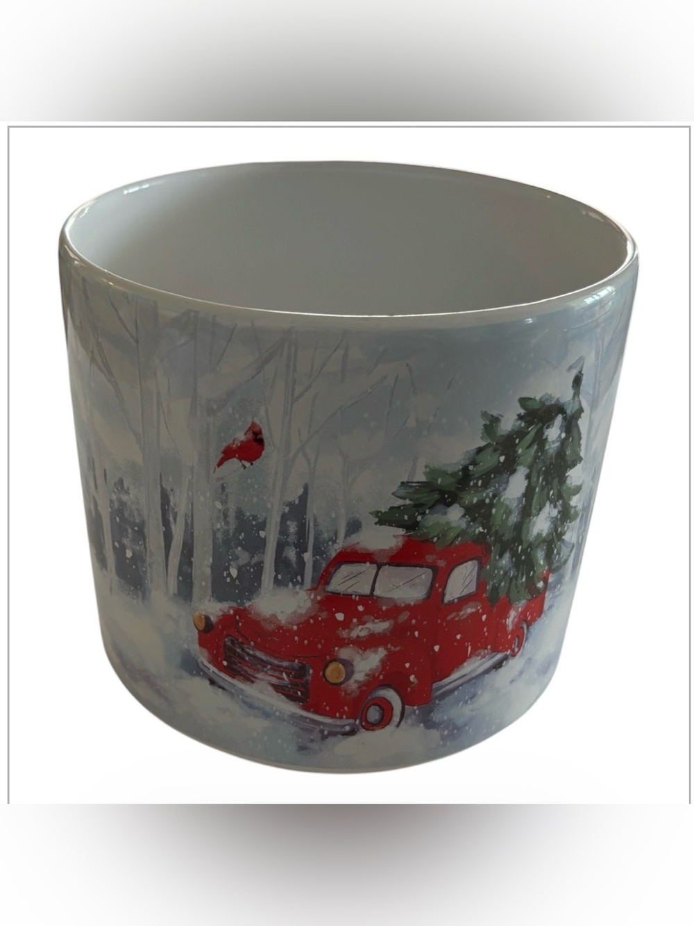 Red Holiday Truck & Cardinal Ceramic Planter with Winter Snow Design